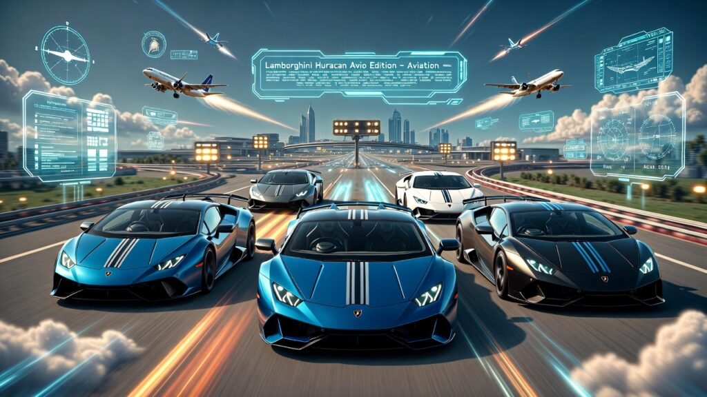 Lamborghini Huracan Avio Edition Limited Production Supercar Rental Dubai Multiple Lamborghini Huracan Avio Edition supercars driving on animated airport runway with aviation themed holographic graphics and luxury lighting environment