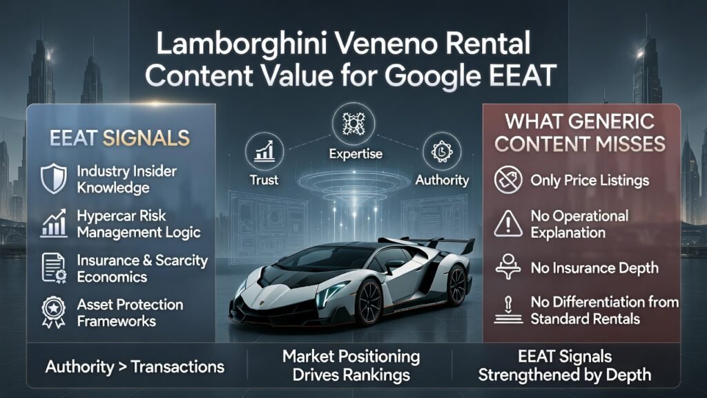 Animated infographic explaining Google EEAT authority in Lamborghini Veneno rental content, highlighting industry expertise, risk management logic, and hypercar economic differentiation in Dubai.