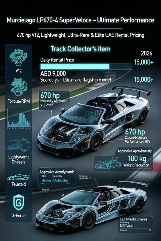 Animated infographic showing a Lamborghini Murcielago LP670-4 SuperVeloce on a Dubai closed-network track with 670 hp V12 telemetry overlays, lightweight chassis and aerodynamic visualization, acceleration and G-force telemetry, interactive daily rental pricing (AED 9,000–15,000+), and ultra-rare collector/exclusivity indicators.