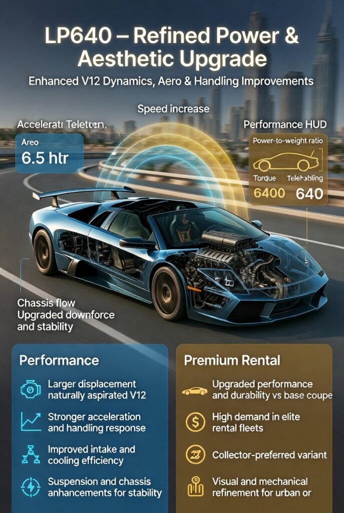 Animated infographic showing a Lamborghini Murcielago LP640 on a Dubai performance route with 6.5L V12 telemetry overlays, aero and chassis enhancements, acceleration and suspension visualizations, and premium rental/collector upgrade indicators.