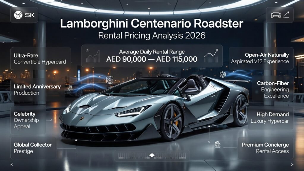 Luxury infographic featuring Lamborghini Centenario Roadster with Dubai hypercar rental pricing and ultra-rare convertible performance status.