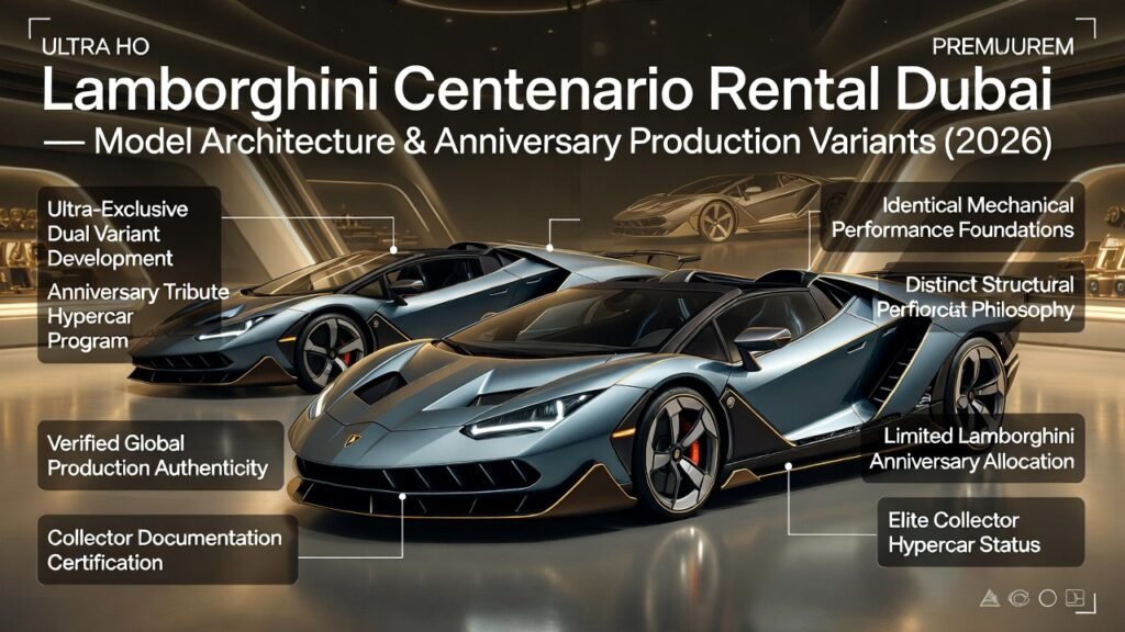 Infographic showing Lamborghini Centenario Coupe and Roadster variants with performance highlights and anniversary production architecture in Dubai luxury hypercar environment.