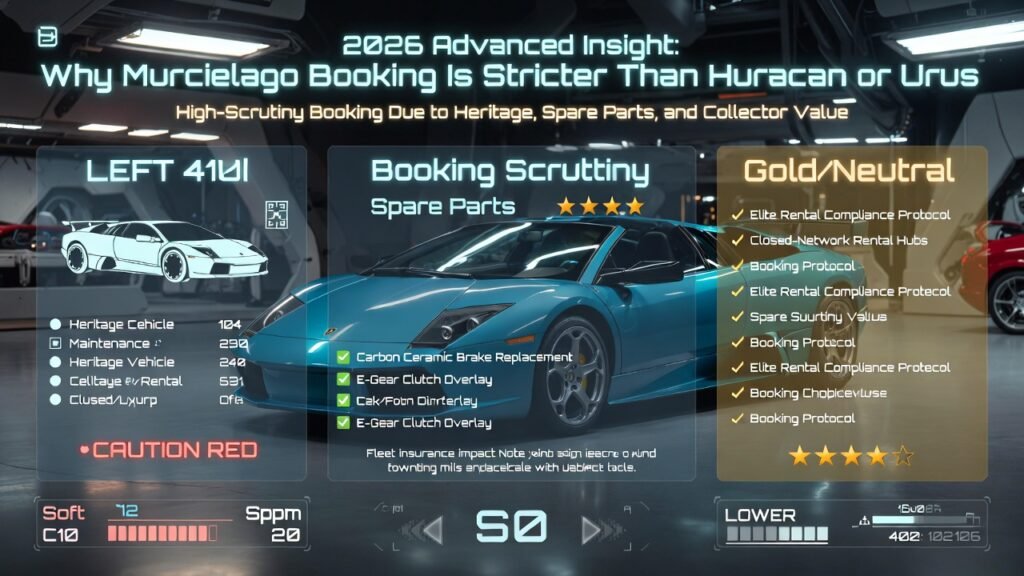 Ultra-HD infographic showing why Lamborghini Murcielago booking in Dubai is stricter than Huracan or Urus. Features cinematic closed-network rental hub, highlighted booking scrutiny checklist, spare parts sourcing, carbon ceramic brake replacement, E-Gear clutch overlay, fleet insurance impact due to collector value. Fully animated, professional infographic with Blue/Cyan for heritage vehicle telemetry and maintenance, Gold/Neutral for elite rental compliance and booking protocols, Soft Red for caution alerts, HUD status strip at bottom, aggressive illuminated heading at top, central Lamborghini vehicle visual, cinematic reflections, and ambient Dubai lighting.
