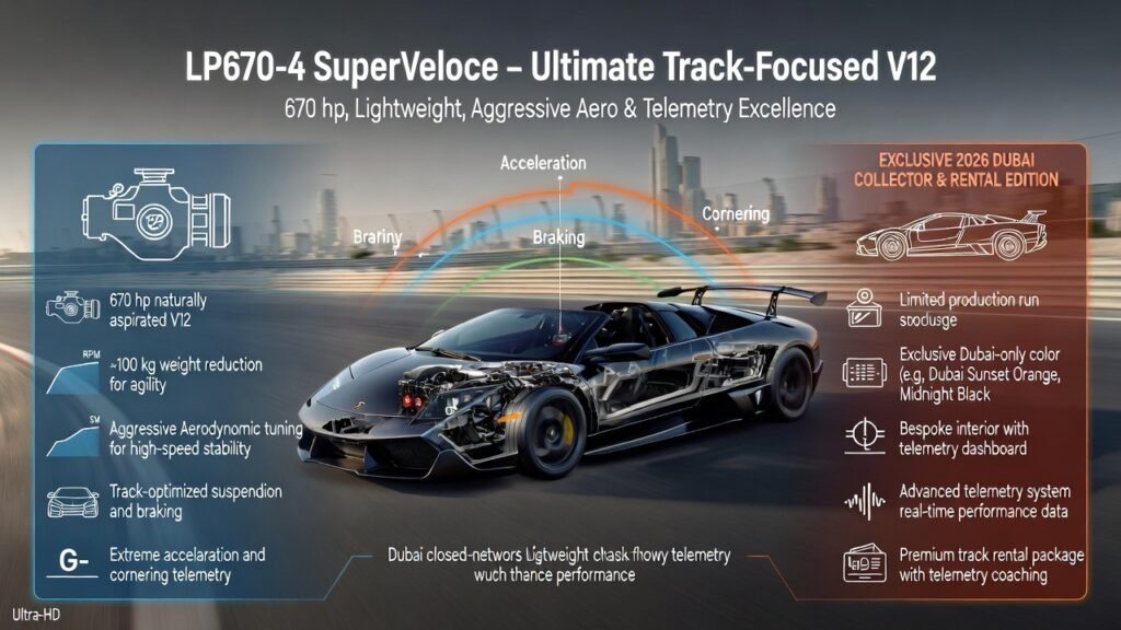 Animated infographic showing a Lamborghini Murcielago LP670-4 SuperVeloce on a Dubai closed-network performance track with 670 hp V12 telemetry, lightweight chassis overlay, aggressive aero visualization, acceleration, G-force, and tire grip telemetry, highlighting ultimate track-focused performance and collector exclusivity.