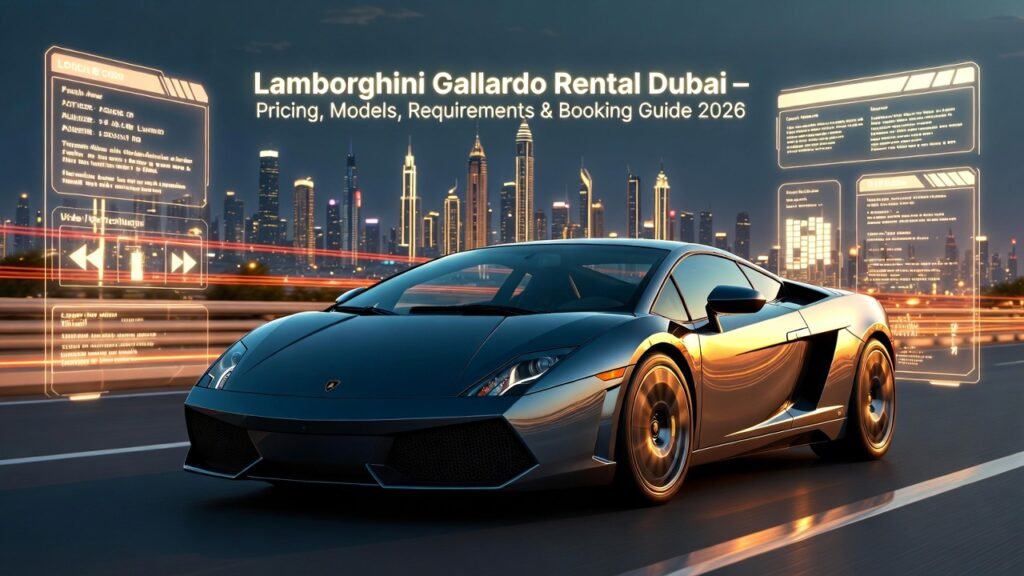 Ultra-realistic Lamborghini Gallardo luxury supercar displayed on a premium Dubai skyline highway environment with cinematic night lighting, glowing skyscraper reflections, and animated infographic design elements. The full Lamborghini Gallardo vehicle is perfectly centered in landscape ratio format, showcasing complete aerodynamic structure, Italian design detailing, aggressive supercar stance, and highly reflective luxury paint finish. Surrounding animated UI infographic panels and glowing information overlays highlight Gallardo rental pricing structure, available model variants, UAE rental requirements, and professional booking process. The background features luxury urban architecture, illuminated skyline towers, high-end road reflections, and cinematic atmospheric lighting designed to represent premium Lamborghini rental authority and naturally aspirated V10 heritage supercar experience.