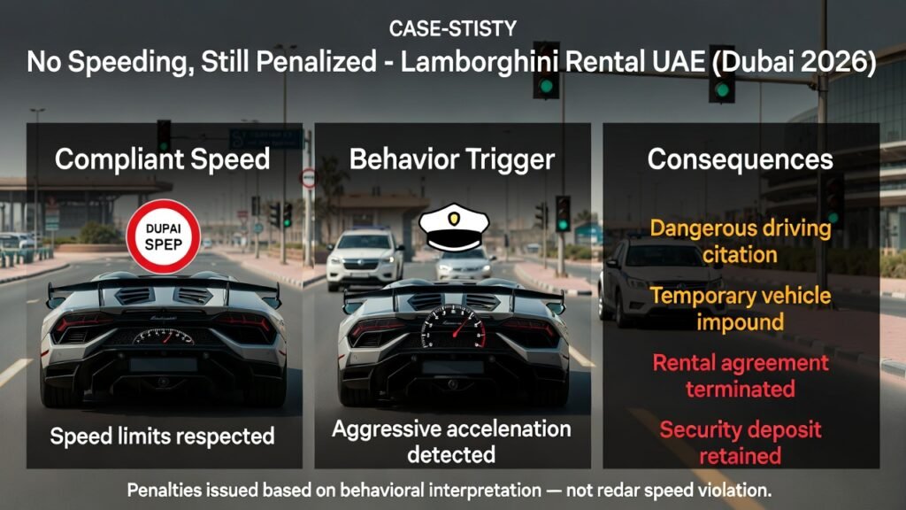 Real Dubai 2026 scenario showing a Lamborghini Huracán penalized for aggressive acceleration despite respecting speed limits under UAE rental driving rules
