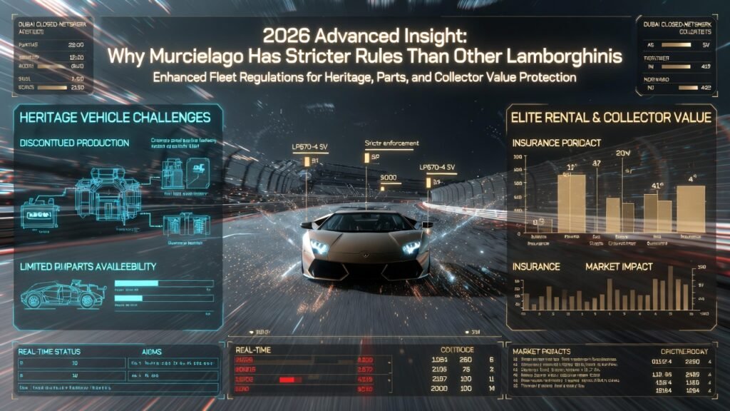 Ultra-HD infographic showing why Lamborghini Murcielago has stricter rules than other Lamborghinis in Dubai. Features cinematic closed-network rental hub, mechanical component delicacy, expensive parts sourcing, rising collector value, insurance premium impact, and enhanced fleet regulations. Fully animated, professional infographic with Blue/Cyan for mechanical and heritage vehicle telemetry, Gold/Neutral for elite rental compliance and rule enforcement, Soft Red for caution alerts, HUD status strip at bottom, aggressive illuminated heading at top, central Lamborghini vehicle visual, cinematic reflections, and ambient Dubai lighting.

