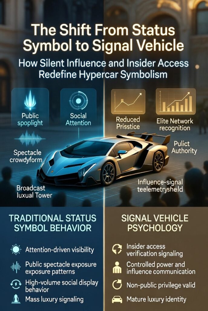 Animated infographic showing a Lamborghini Veneno moving through a private elite Dubai boulevard with influence signaling overlays, illustrating the transition from loud public status display to quiet insider privilege and controlled power communication.