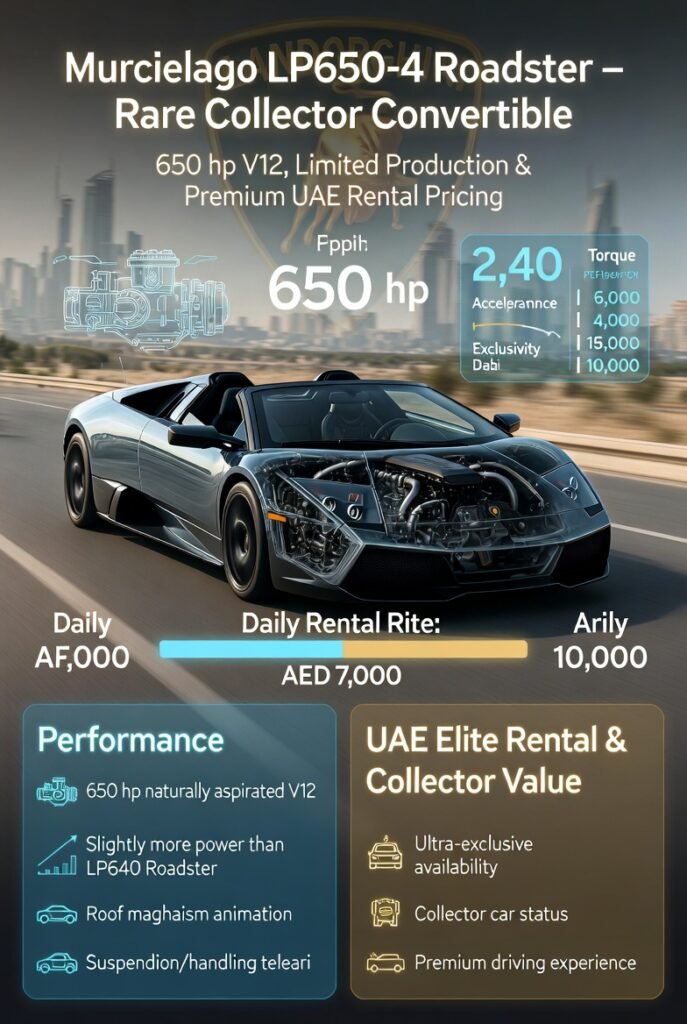 Animated infographic showing a Lamborghini Murcielago LP650-4 Roadster on a Dubai premium scenic route with open-top convertible animation, 650 hp V12 telemetry overlays, acceleration and handling visualizations, interactive daily rental pricing (AED 7,000–10,000), and ultra-rare collector exclusivity indicators.