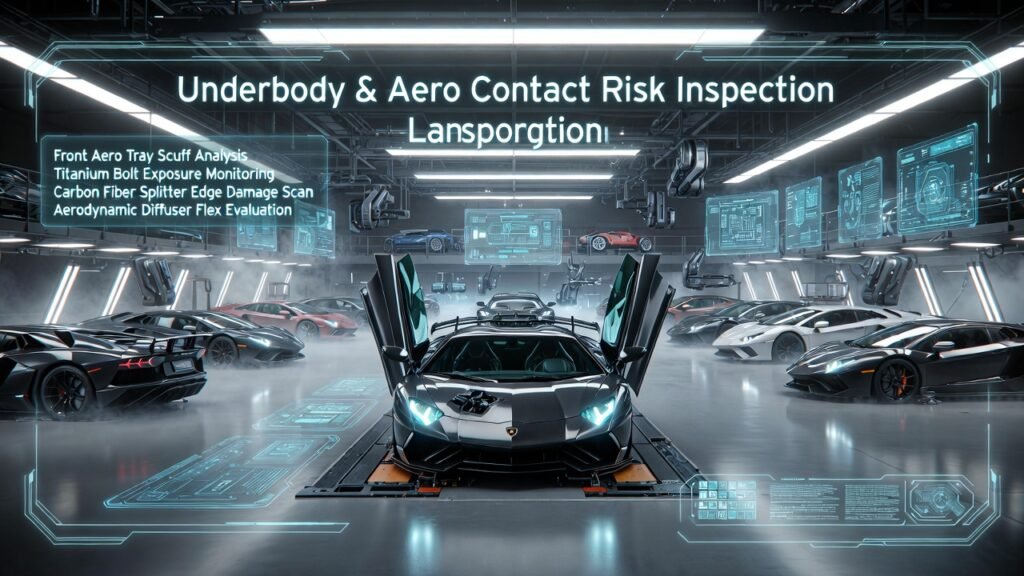 Underbody Aero Contact Risk Inspection Aventador S Rental Dubai Supercar Protection Guide 2026 Lamborghini Aventador S raised inside futuristic luxury inspection hangar with holographic underbody aerodynamic damage analysis panels