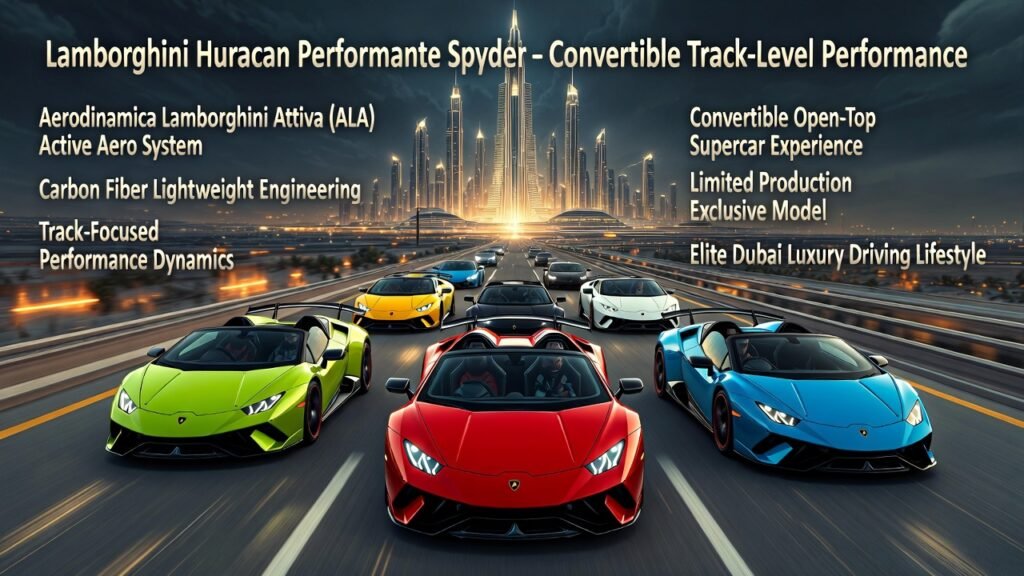 Lamborghini Huracan Performante Spyder Convertible Track Performance Luxury Supercar Dubai Experience Multiple Lamborghini Huracan Performante Spyder convertible supercars in different luxury colors driving on an animated futuristic Dubai highway with aerodynamic carbon fiber styling and open-top track performance design