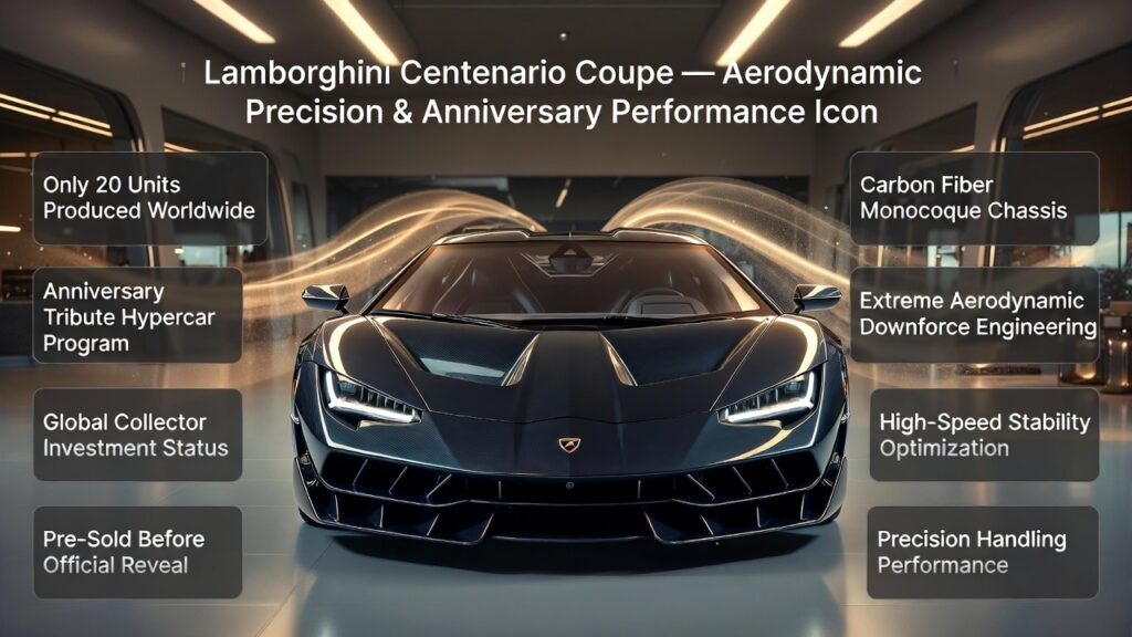 Ultra-realistic infographic of Lamborghini Centenario Coupe showing carbon-fiber chassis, aerodynamic design, and ultra-limited production hypercar in a luxury Dubai showroom setting.