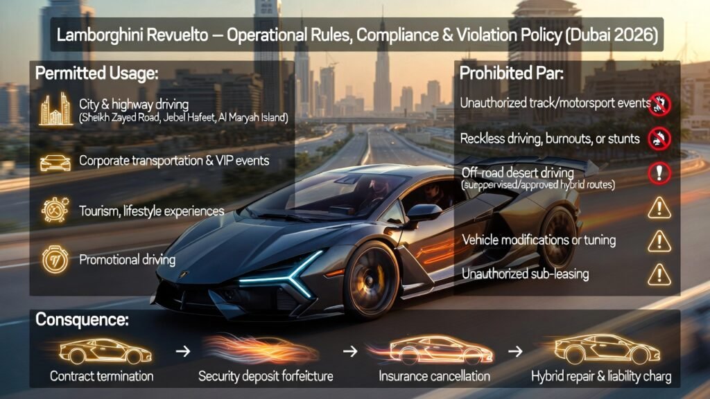 Infographic of Lamborghini Revuelto at center with left-side permitted driving conditions, right-side prohibited activities, and penalties for violations under UAE 2026 standards.