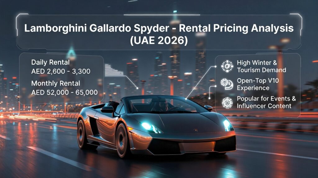 A premium infographic illustration featuring a Lamborghini Gallardo Spyder in the center with Dubai coastal scenery, rental pricing details on the left, market demand insights on the right, and a bold title at the top in a professional user guide layout.