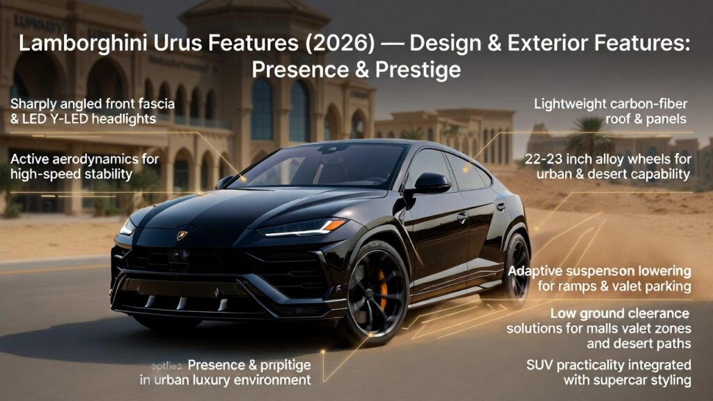 Infographic highlighting Lamborghini Urus 2026 exterior design, Y-shaped LED headlights, active aerodynamics, carbon-fiber panels, adaptive suspension, and Dubai-specific clearance solutions for luxury ramps and desert paths