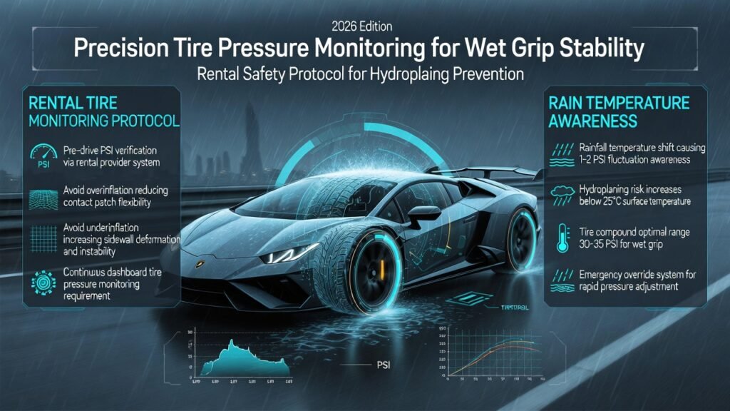 Animated infographic showing a Lamborghini supercar driving on a wet Dubai highway with real-time tire PSI monitoring overlays, illustrating hydroplaning prevention, tire temperature influence, and rental compliance safety protocols.
