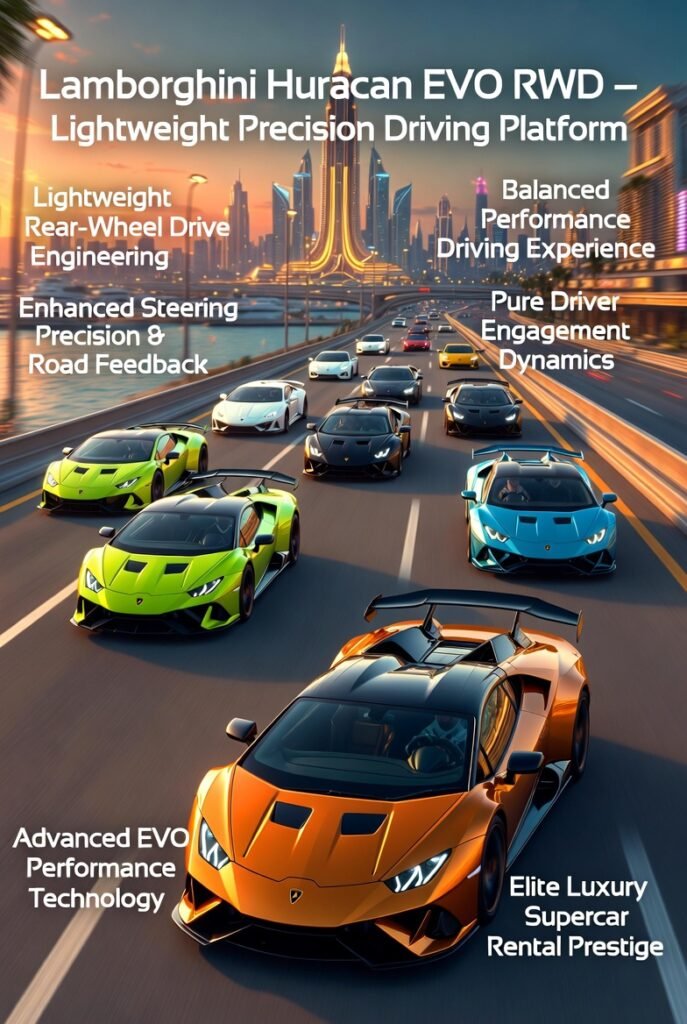 Lamborghini Huracan EVO RWD Precision Driving Supercar Rental Dubai Multiple Lamborghini Huracan EVO RWD supercars in different luxury colors driving on an animated Dubai luxury highway with glowing skyline background