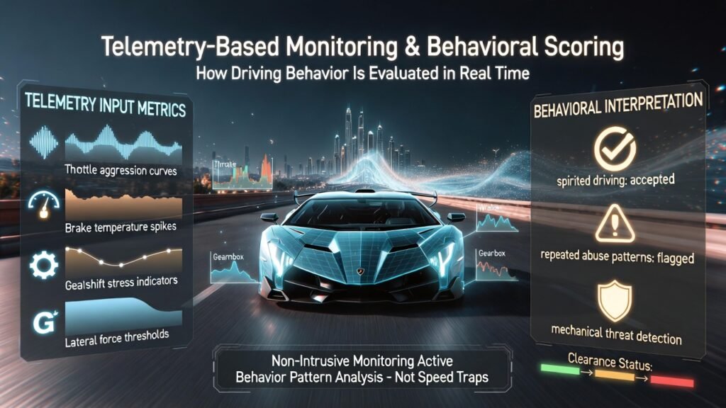 Animated infographic showing telemetry-based monitoring in Lamborghini Veneno rentals, visualizing throttle aggression, brake temperature, gearshift stress, and lateral force analysis used to evaluate driving behavior in Dubai.