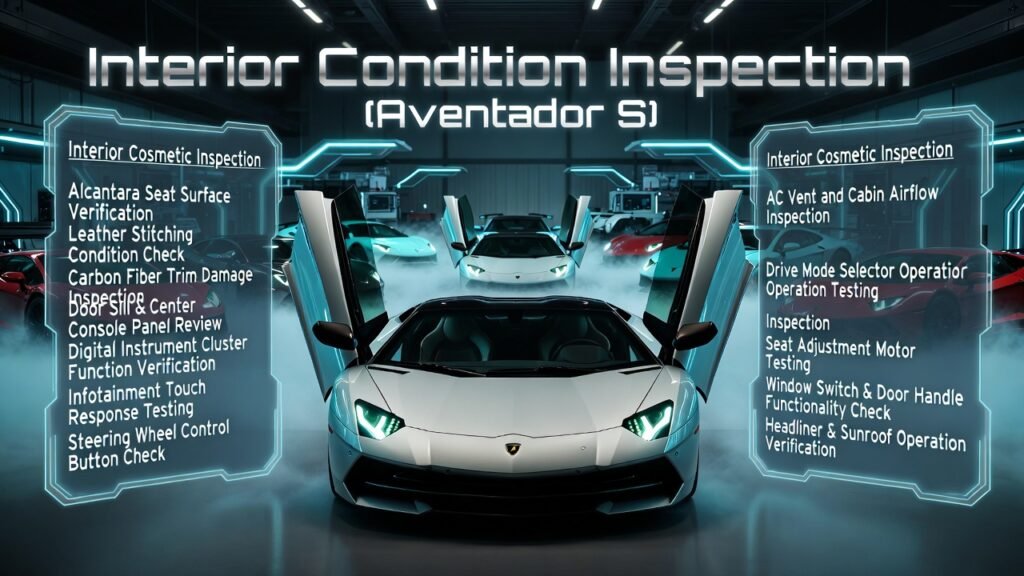 Interior Condition Inspection Aventador S Rental Dubai Luxury Supercar Inspection Guide 2026 Lamborghini Aventador S displayed inside futuristic inspection showroom with holographic interior condition checklist panels