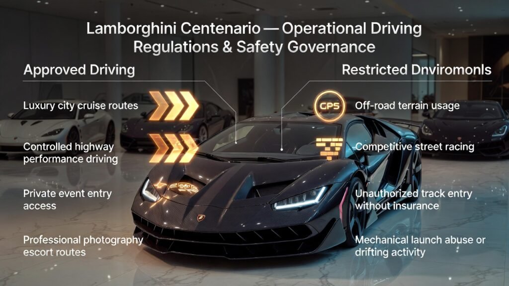 Infographic showing Lamborghini Centenario at center with side bullet points highlighting approved driving routes, restricted activities, and hypercar performance safety governance in Dubai.