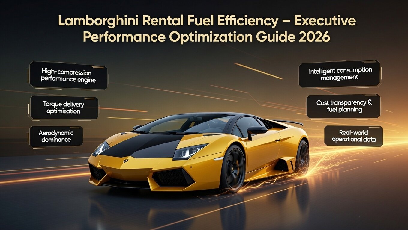 "Infographic-style digital artwork showcasing a Lamborghini in motion with the title 'Lamborghini Rental Fuel Efficiency – Executive Performance Optimization Guide 2026' at the top, surrounded by key points on performance, torque, aerodynamics, fuel management, and cost transparency in stylish text boxes."
