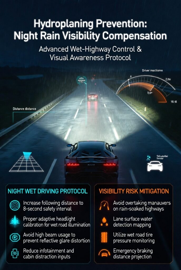 Animated infographic showing a Lamborghini driving on a rain-soaked Dubai highway at night with adaptive headlight visualization, safe following distance tracking, glare reflection mapping, and hydroplaning visibility risk indicators.